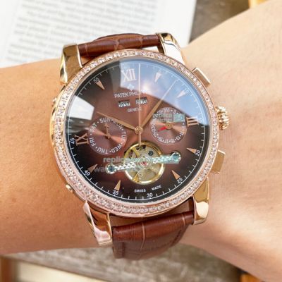 Copy Patek Philippe Complications Brown Gradient Dial Diamond Bezel Rose Gold Watch